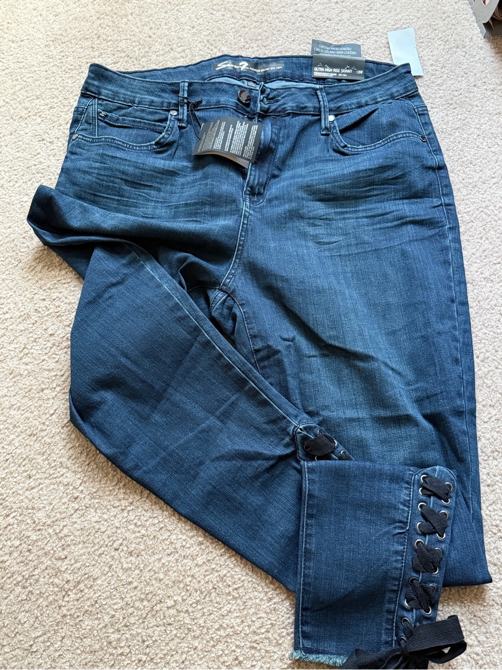 Seven7 Dark Blue Ultra High Rise Skinny Jeans with Lace-Up Detail - Picture 2 of 5